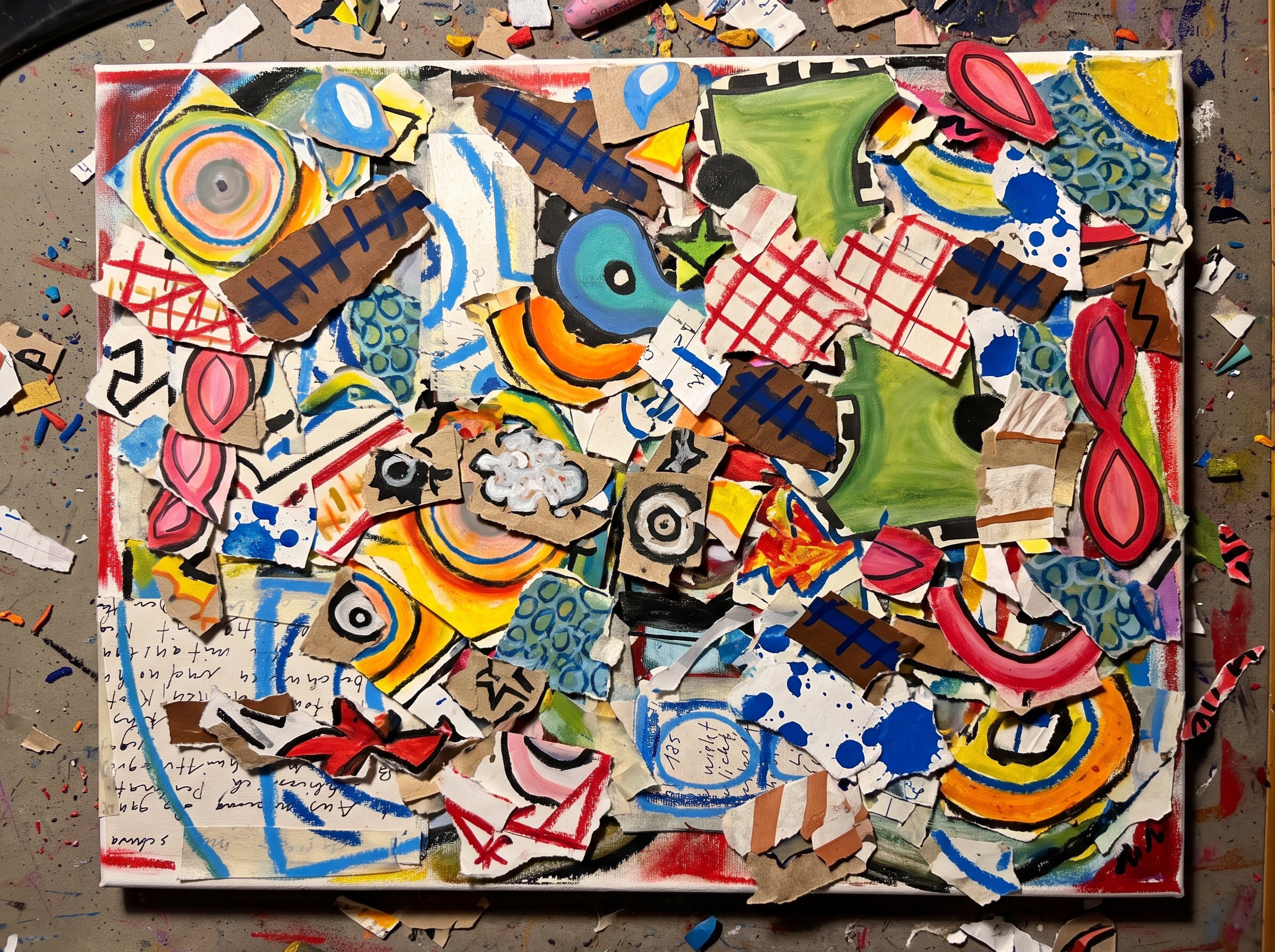 Collage by Rayski on the studio table: torn paper, cardboard and oil pastel on canvas